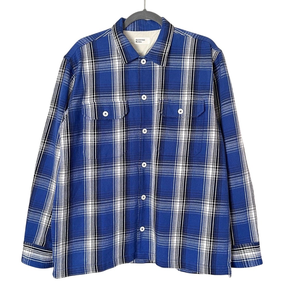 Universal Works Blue Checked Plaid Cotton Twill Overshirt Jacket Men's Large