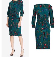 Lauren Ralph Lauren Womens Ruched Dress Size 12 Dark Green Floral Jersey