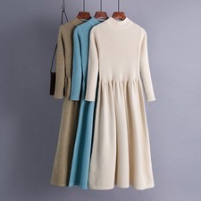 Women Mock Neck Warm Knitted Dress Sweater Maxi Dress Fall Winter Long Dress New