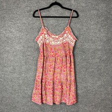 Natural Life Pink Floral Tiered Mini Dress Lace Trim Spaghetti Straps Size L