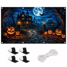 16 x 7 FT Halloween Garage Door Cover, Haunted House 16 x 7 FT, Blue