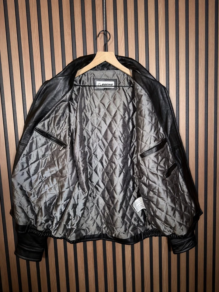 Boeing Flight Jacket XL Mens Black 100% Leather Quilted Lining Zip Up Fighter - Image 2 of 4