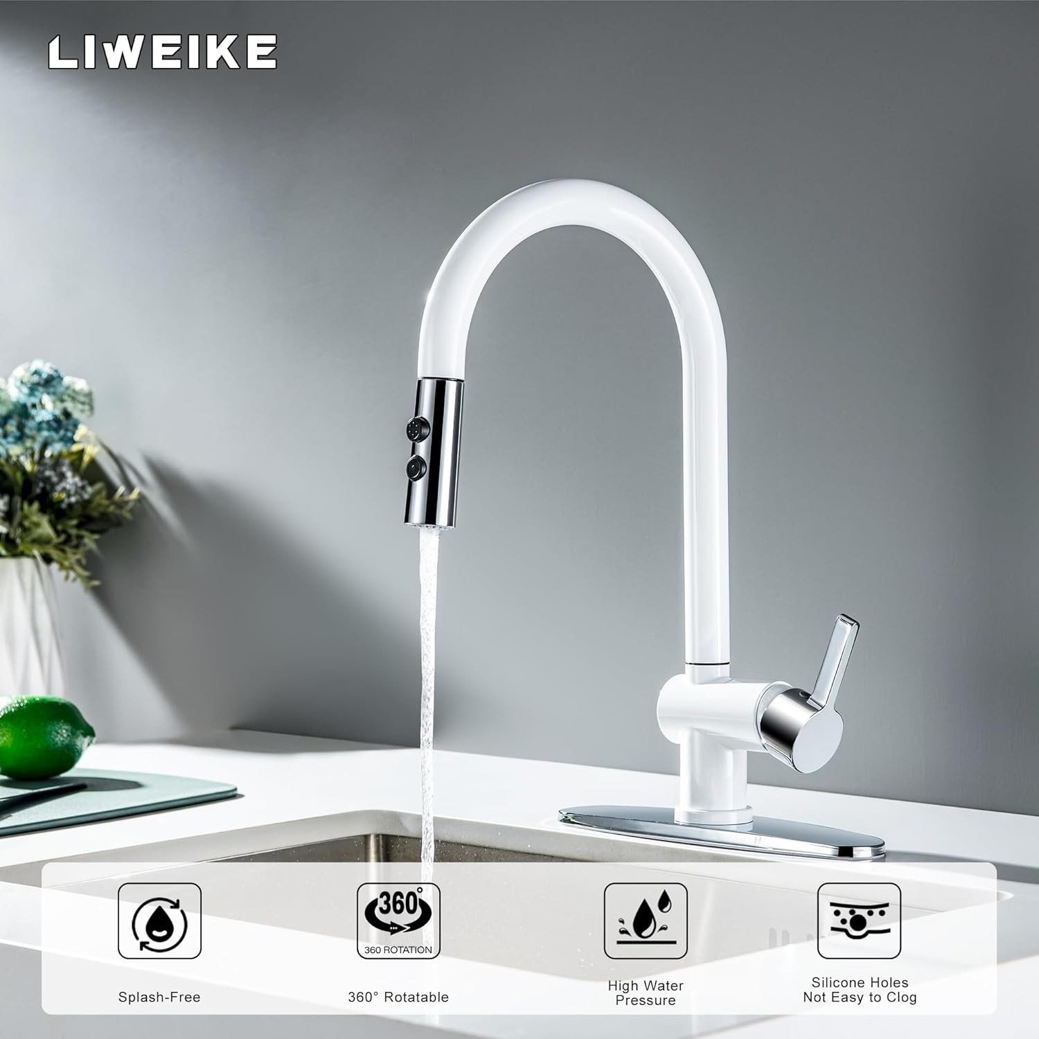 White Kitchen Faucets with Pull down Sprayer, White Kitchen Faucet for 1 or 3 Ho