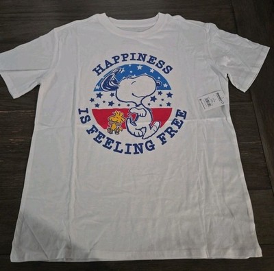 Snoopy Woodstock Peanuts Happiness Is Feeling Free Patriotic T-Shirt Juniors New