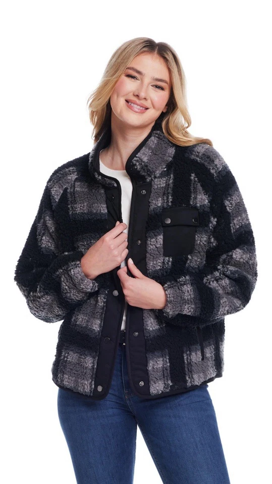 NWT~Weatherproof Snap Button Bonded Sherpa Fleece Jacket Charcoal Plaid Large - Image 2 of 4