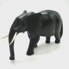 Hand-carved Hardwood African Elephant With Bone/Horn Tusks, 12" Long, 7" Tall