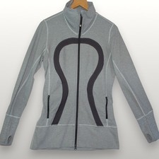 Lululemon STRIDE Jacket Mock Neck Full Zip Sz 10 Gray Micro Stripe Thumb Holes