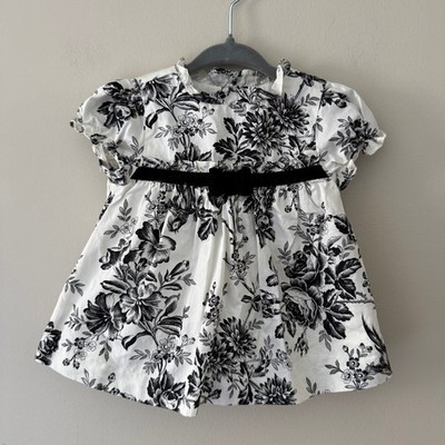 Janie and Jack Baby Girl Black White Floral Toile Dress Velvet Bow 6-12 Months