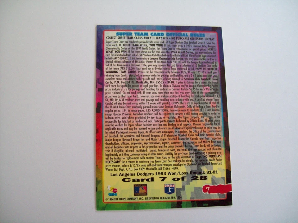 Los Angeles Dodgers Super Team Card INSERT 1994 Topps Stadium Club #7 Piazza - Image 2 of 2