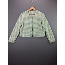 WAYF Tweed Crop Jacket Blazer Size M Green Cream Plaid Open Front Collarless