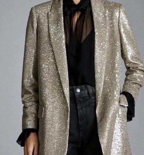 BNWT Massimo Dutti Zara Trinny Sequin Gold Metallic Blazer Jacket S UK 8-10 - Picture 4 of 12