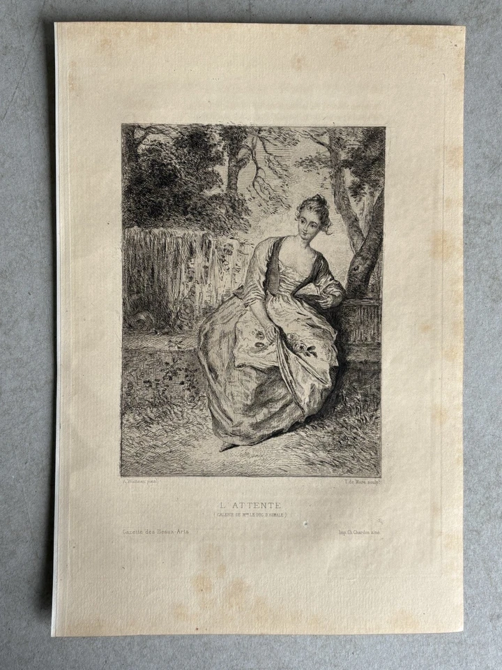 Antoine Watteau Gravure Eau Forte Etching Portrait De Jeune Femme L’attente - Photo 2/4