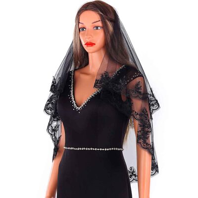 Black Wedding Veil 2 Tier Lace Fingertip Mourning Halloween  display picture 1