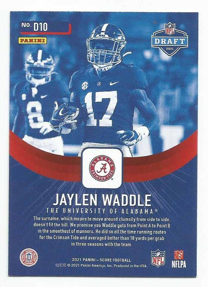 2021 Panini Score JAYLEN WADDLE NFL Draft Insert #D10 MIAMI DOLPHINS - Image 2 of 2
