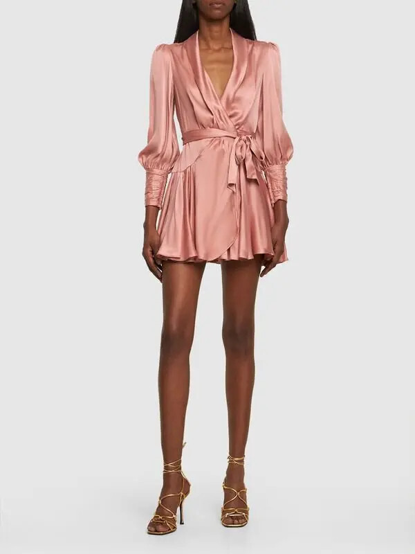 zimmermann women's silk wrap mini dress ZIMMERMANN WOMEN Silk Wrap Mini Dress Ice Blue MAISONDEFASHION.COM