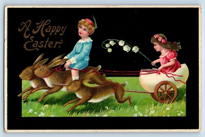 Easter Postcard Children Boy Riding Bunnies Rabbit Egg Cart Gel Gold Gilt 1911
