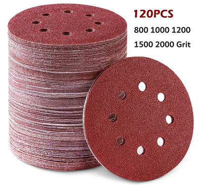 120 PACK 5'' Sanding Disc 800-2000 Grit 8Hole Hook and Loop Sandpaper