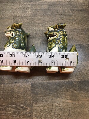 Vintage Chinese Set Of 2 Foo Dog-Fu Lion Green Glazed Ceramic
