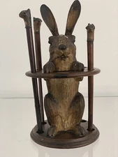 Rare Late 19th C Carved Black Forest Hare Ink Well with implements