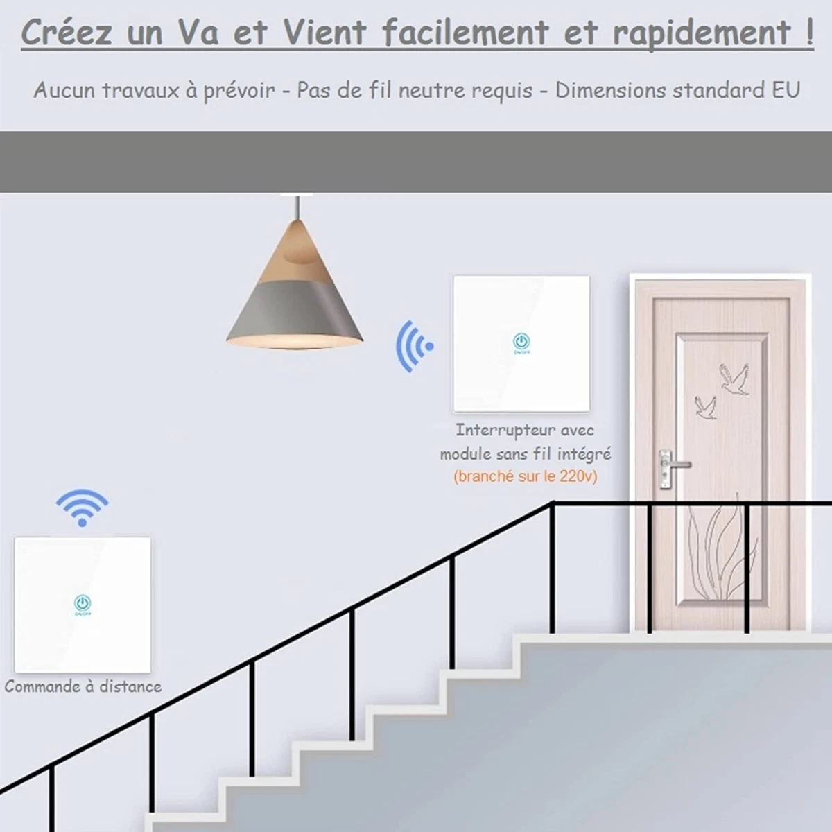 KIT INTERRUPTEUR SANS FIL VA ET VIENT AVEC VOYANT ET TEMOIN SANS