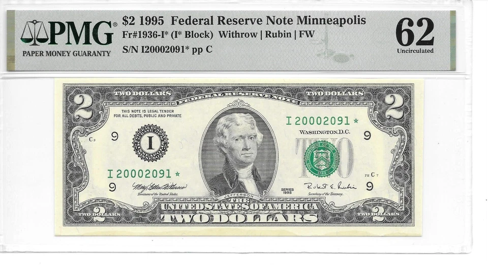 1995* MINNEAPOLIS $2 FRN MILLENNIUM STAR PMG 62 UNCIRCULATED "THINNING" - Image 3 of 4