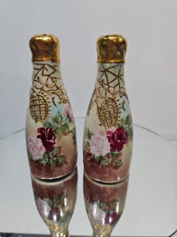 Salt & pepper shakers hand painted signed FS for F Schorr flower Limoges France