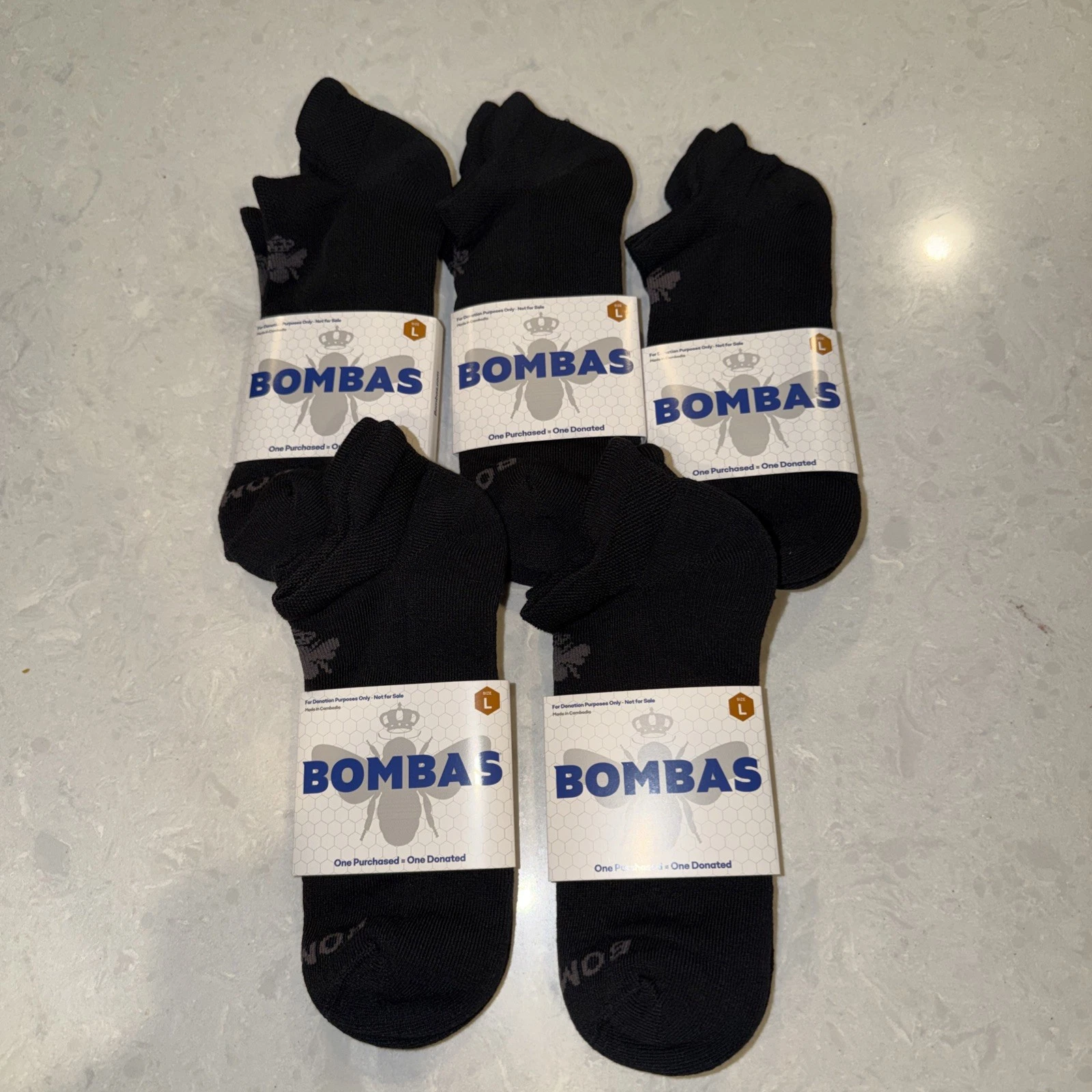 Lot Of 5 - Bombas Black Ankle Footie Socks - LARGE Bee New NWT