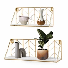 Gold Floating Shelves for Wall Set of 2, White Wall Mounted Shelf Decor, Wood...