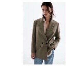 ZARA Oversized Double Breasted Blazer Khaki G...
