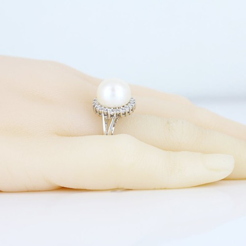 14KWG 10.5mm Cultured Pearl Diamond Halo Ring Anniversary Heirloom Gift - Picture 7 of 8
