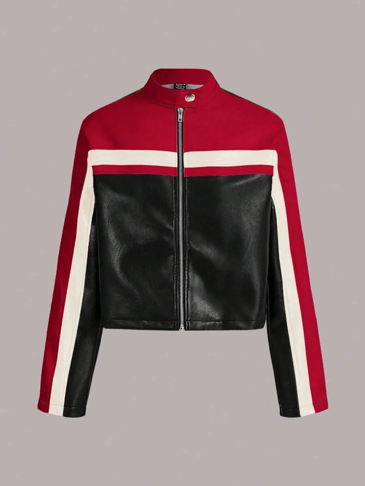 Women’s Leather Moto Jacket Red Black White Racing Striped Biker Zip Up Coat - Image 2 of 4