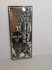 Vintage Reverse Painting Mirror of Wolf And Birch Trees 8" X 20"