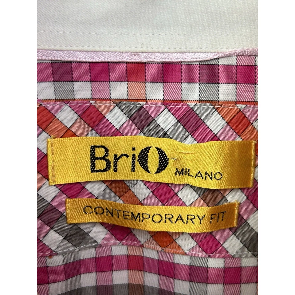 Camisa Brio Milano Para Hombre Mediana 16.5 Rosa y Gris A Cuadros Abotonada Ajuste Contemporáneo Foto 4 de 4