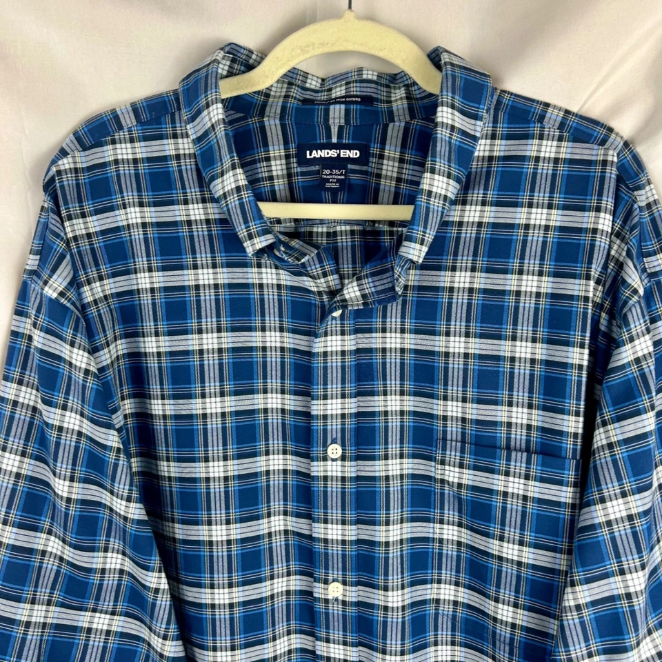 Camisa masculina Lands End ajuste tradicional Supima sem ferro manga longa xadrez botão para baixo - Imagem 3 de 4