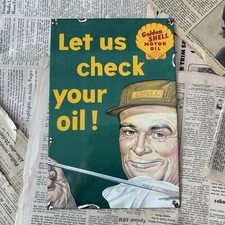 VINTAGE GOLDEN SHELL MOTOR OIL SERVICE 8X12 INCHES PORCELAIN ENAMEL SIGN
