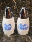 Vintage Gemco Blue Cornflower 3.5" Milk Glass / Chrome Salt & Pepper Shakers EUC