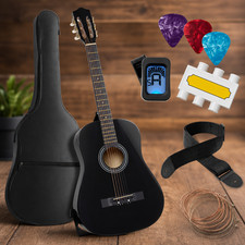 38 Inch Acoustic Guitar Starter Kit Black Beginner Bundle Bag Tuner Picks Strap