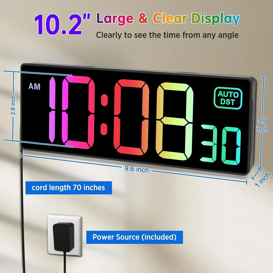 Digital Wall Clock with Remote Countdown Timer 8 RGB Colors Large Display - Image 2 of 4