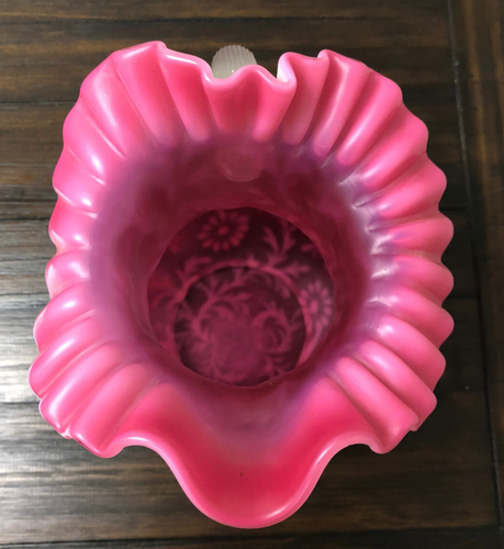 Fenton Satin Cranberry Art Glass Pitcher/Daisy Fern/Ruffle Crimp Rim/Opalescent - Picture 5 of 6