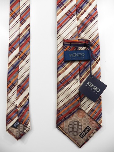 KENZO PARIS NWT MENS 100% SILK NECK TIE BEIGE ORANGE BLUE CHECK MADE IN ITALY - Picture 6 of 8