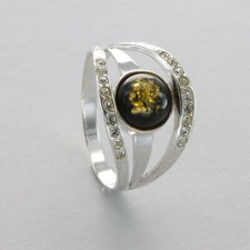 Round Green BALTIC AMBER Ring with CZs 925 STERLING SILVER Poland 44e