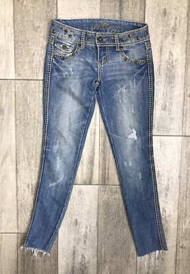 Almost Famous Skinny Stretch Jeans Womens Size 0 Distressed Blue Denim 27X28