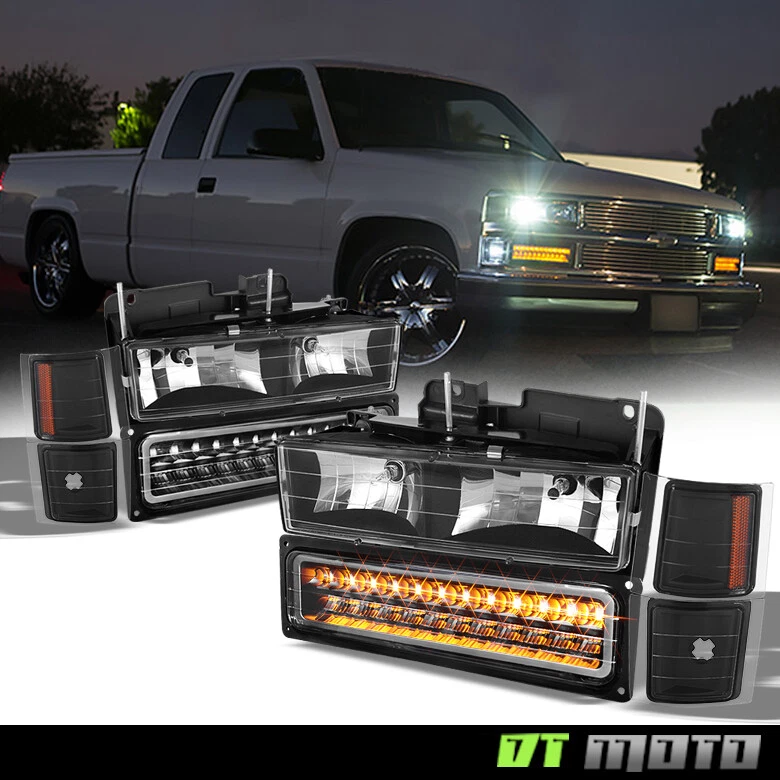 Faros negros Chevy Silverado C10 Tahoe Suburban 1994-1999 + parachoques LED + esquina Foto 2 de 4