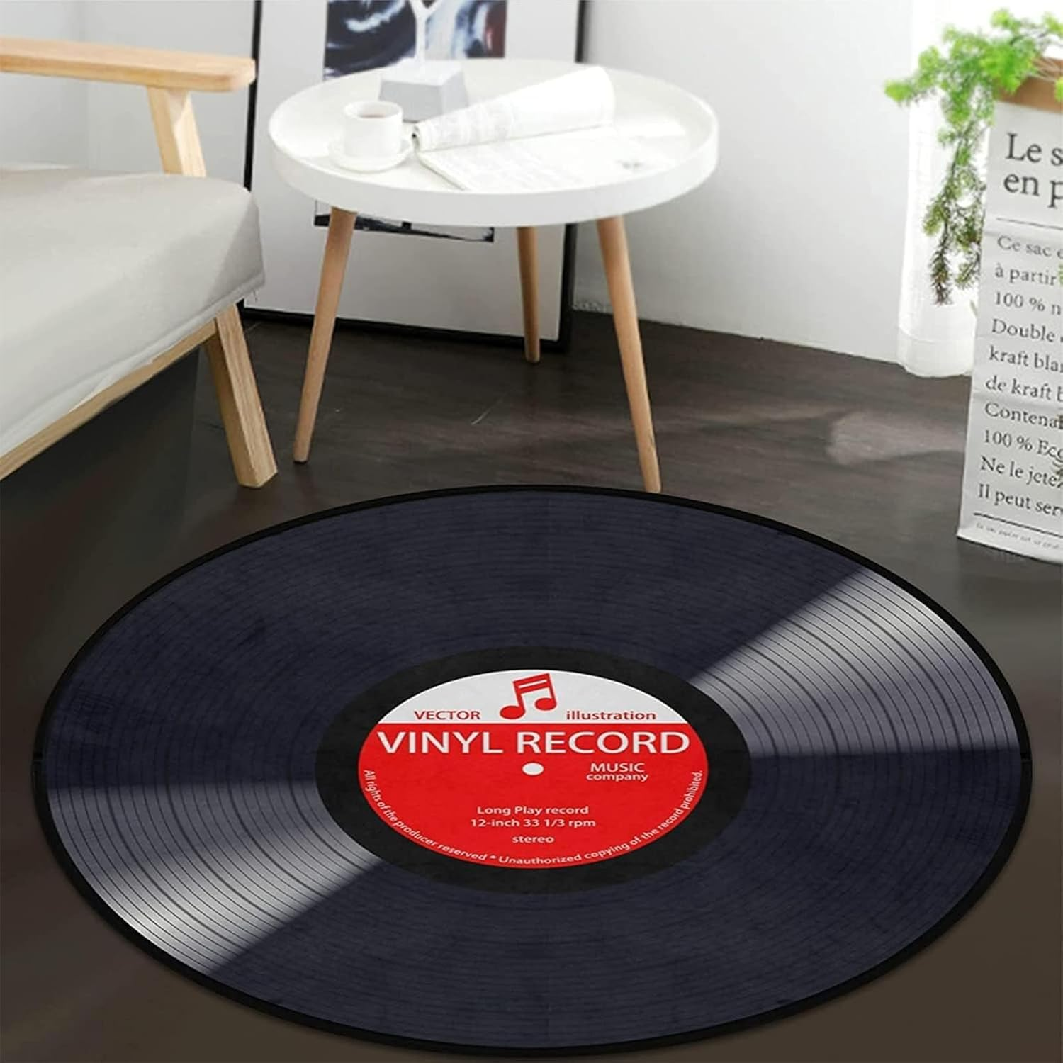Music Record Black round Area Rug for Bedroom Living Room Study Playing ，Non-Sli