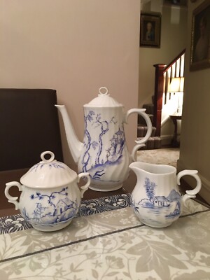 Blau & Weiß Kaffee Teekanne Zuckerdose Milchkännchen James Skerrett Royal Worcester