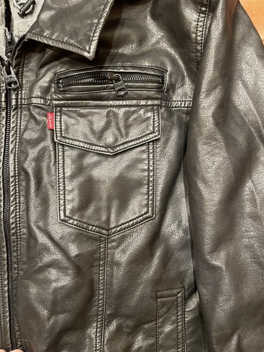 Levi's Jacket Mens XL Faux Leather Hoodie Full Zip Black Gray Quilted Lining - Picture 5 of 14