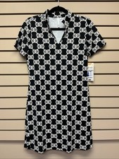 XS Lulu B Women  s Short Sleeve Open Collar Dress Black Tan Lattice  Circles NWT