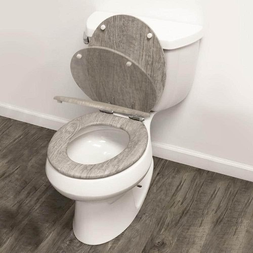 Distressed Closed Front Toilet Seat Round Gray Wood Hardware Hinge Lid Included - Picture 10 of 11