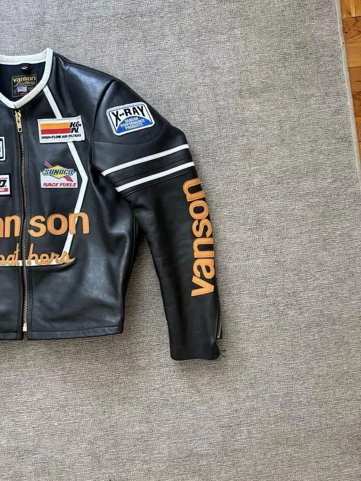 Vanson Leathers Racing Motorcycle Jacket Black Cowhide Biker Jacket with Patches - Image 3 of 4