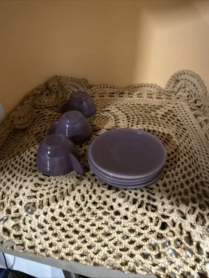 Akro Agate Childs Tea Set Concentric Ring 4 Saucers Purple 3.25 With 3 Cups Rare - Image 1 of 4